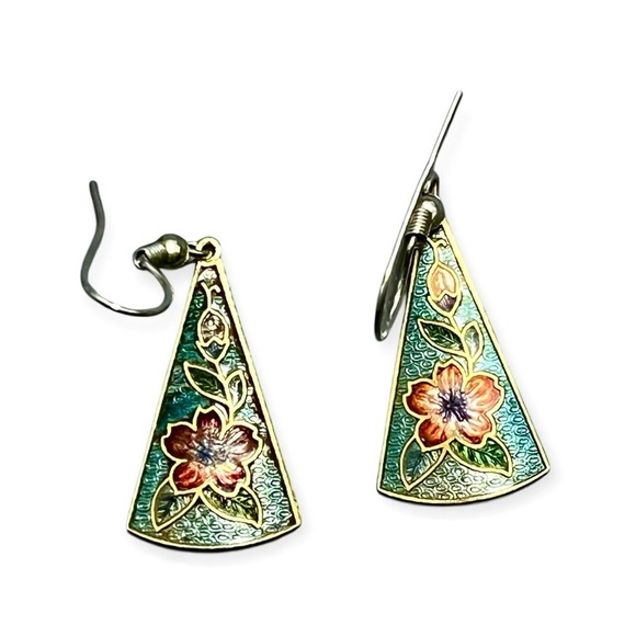 Vintage Late 20th-Century Cloisonné Triangle Drop Earrings - Picture 2 of 4